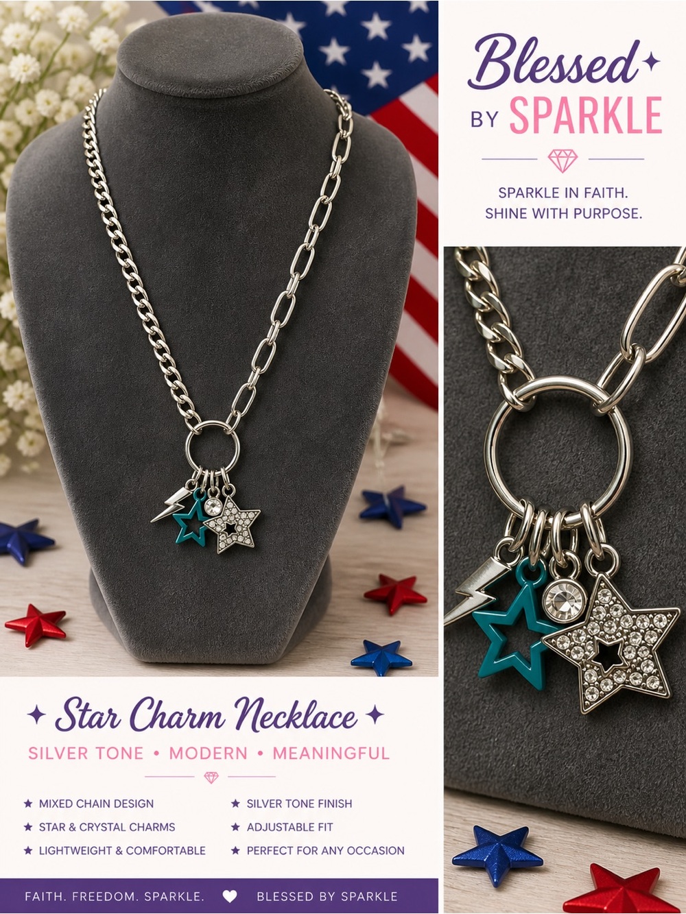 paparazzi Silver Tone Star Charm Necklace with Teal Accent